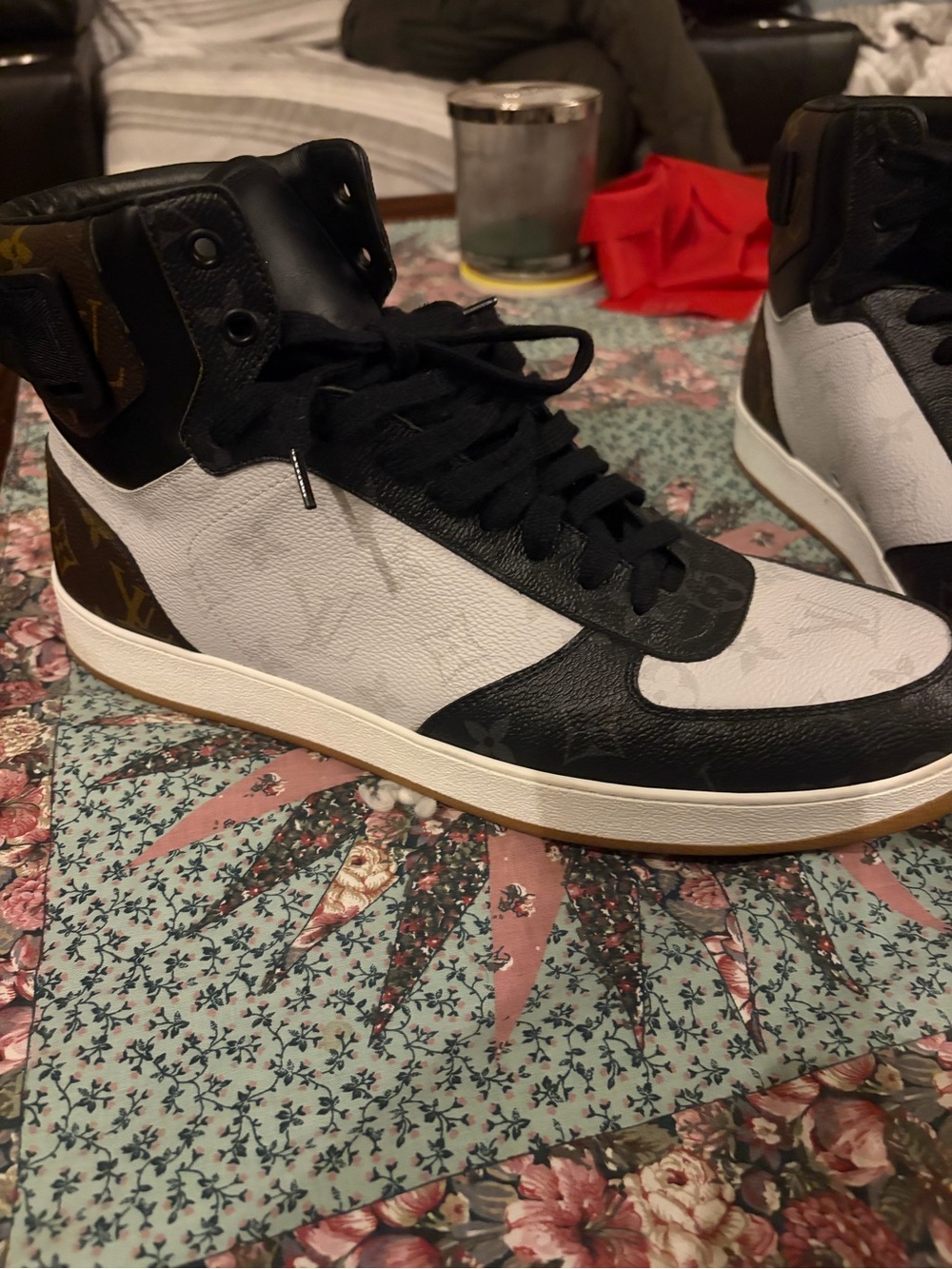 Louis Vuitton Black and White High-Top Sneakers with Monogram Panels